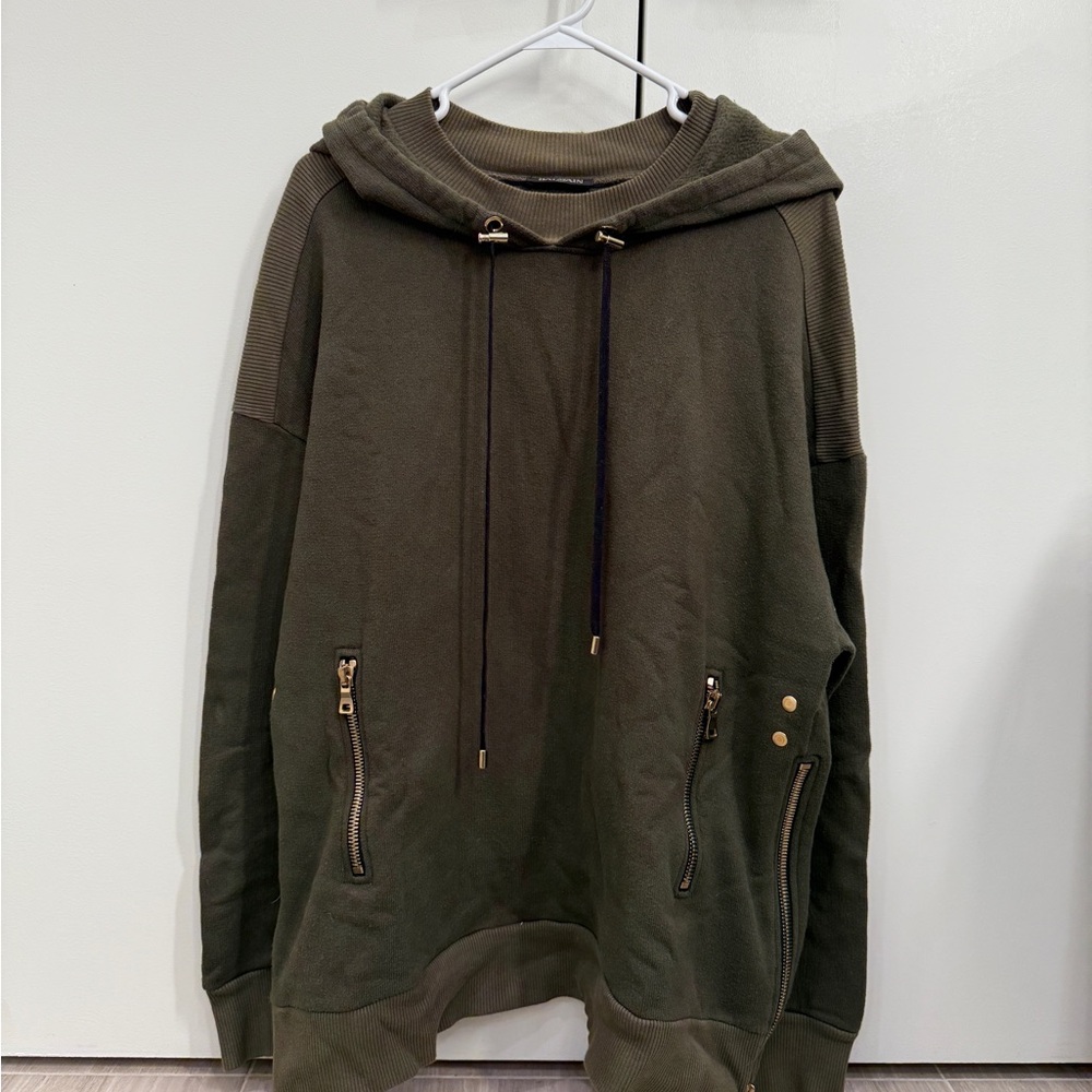Balmain Khaki Hoodie with Gold Accents